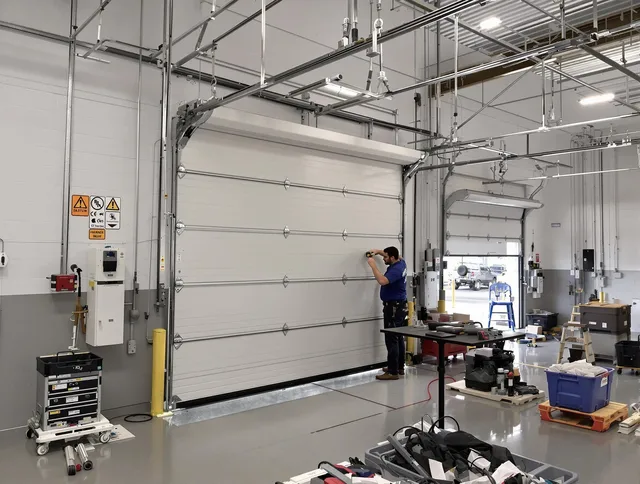 Commercial garage door repair being performed by Sunrise Garage Door Repair expert in Sunrise