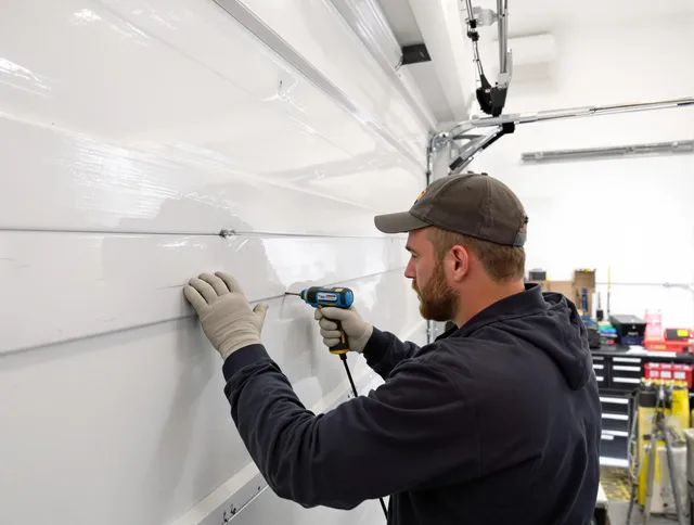 Sunrise Garage Door Repair technician demonstrating precision dent removal techniques on a Sunrise garage door