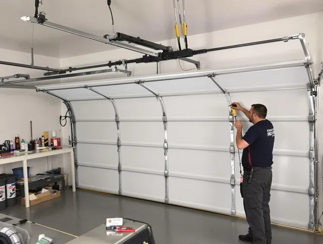 Sunrise Garage Door Repair certified technician performing overhead door system repair in Sunrise
