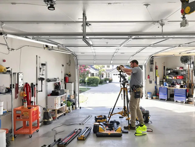 Sunrise Garage Door Repair specialist performing laser-guided track alignment in Sunrise